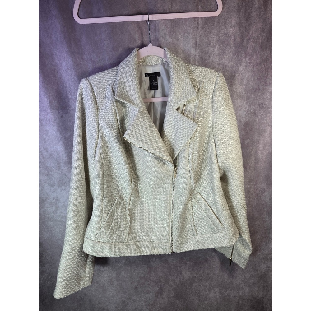 Lane Bryant Cream Tweed Moto Jacket Metallic Asymmetrical Zip Blazer Womens 16